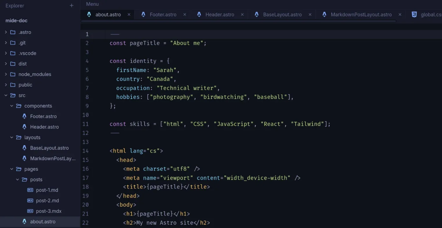 The mIDE window with the Explorer on the left, open file tabs, a syntax-highlighted Astro file in the editor and the status bar along the bottom.