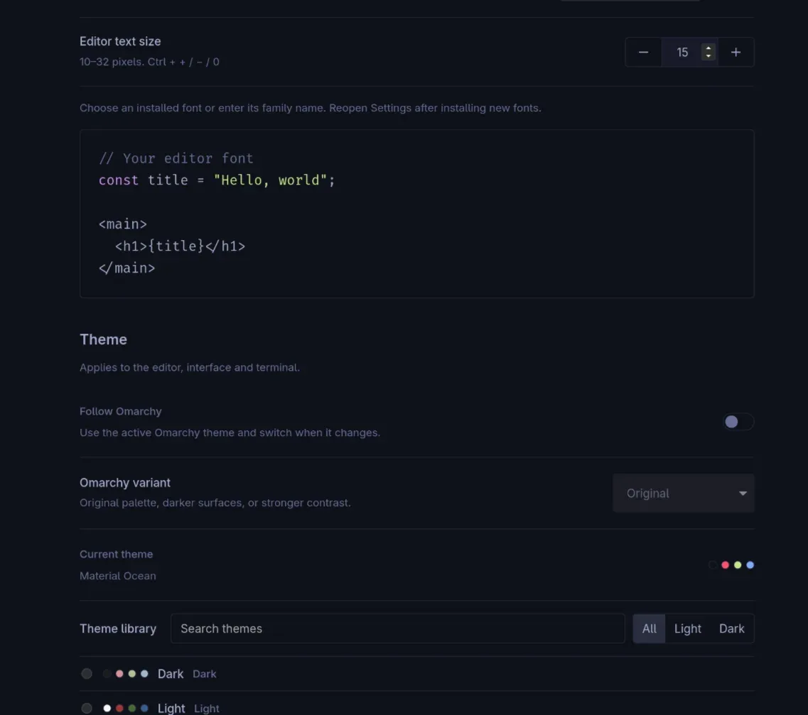 Settings showing editor text size, the font selector, a live code preview and the theme library with Material Ocean selected.
