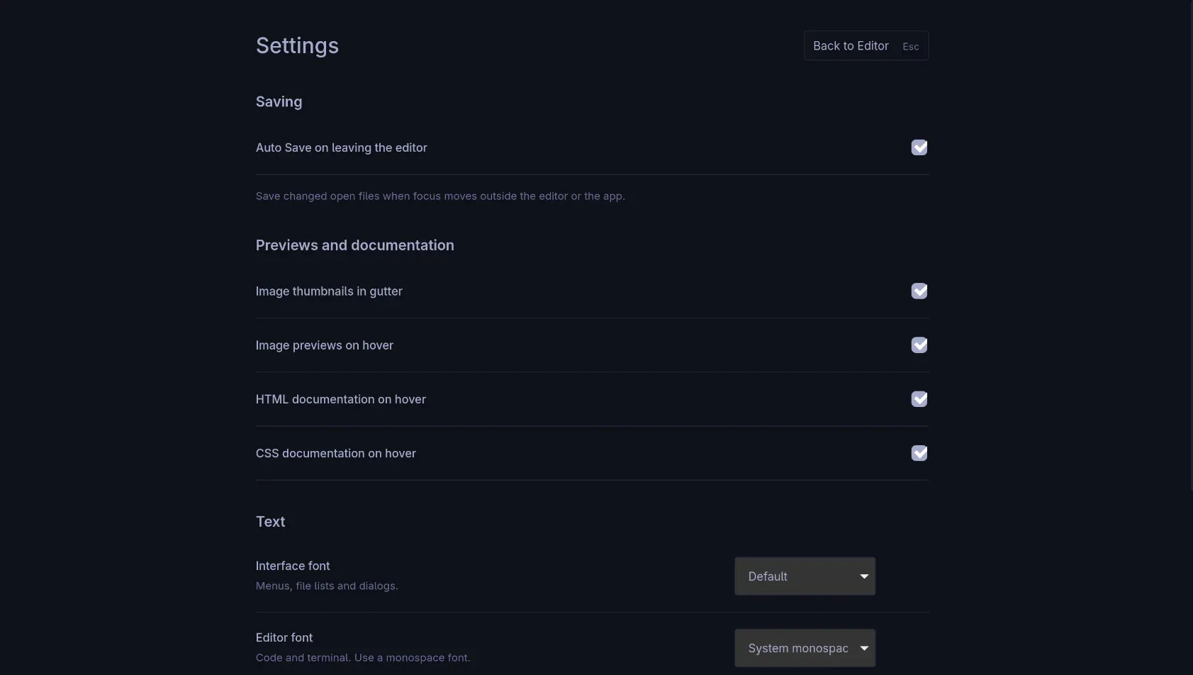 The Settings page showing Auto Save, previews and documentation switches, and text settings.