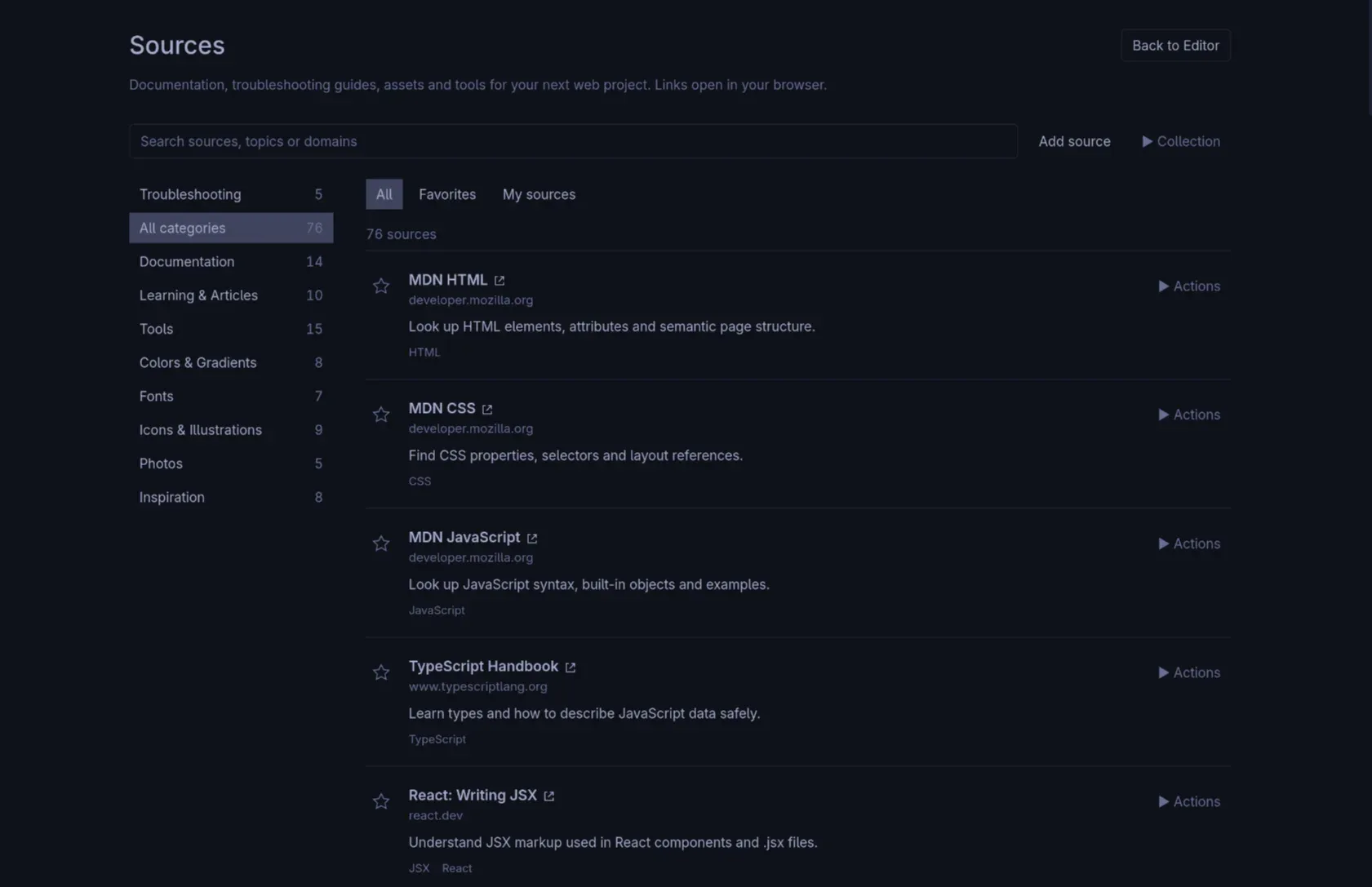 The Sources view with a category list in the left panel and rows of documentation links with descriptions.