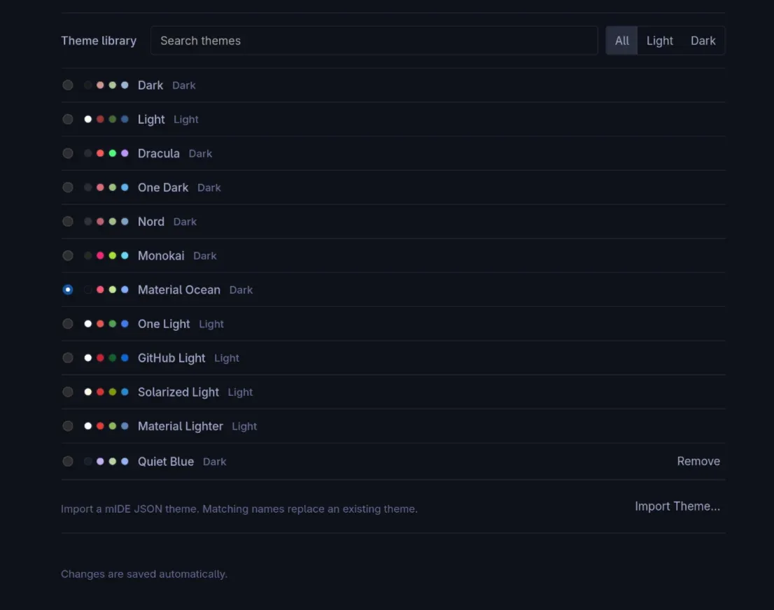 The theme library with a search field, All, Light and Dark filters, theme swatches and an Import button.